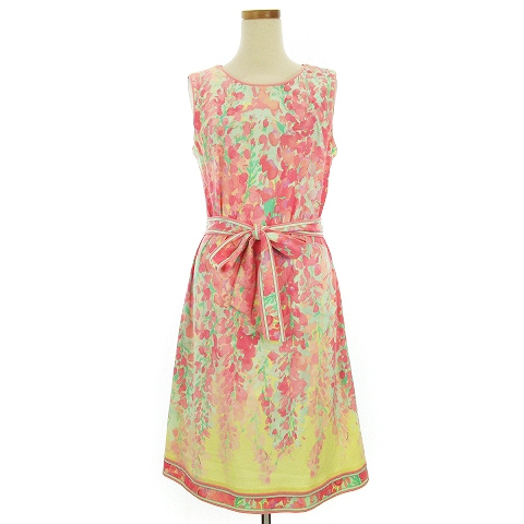 新作からsaleアイテム等お得な商品満載 ピンク M 38 総柄 ノースリーブ ひざ丈 ワンピース Fashon Leonard 中古 レオナール 黒 レディース Pj 黄緑 ひざ丈 Sutevalle Org