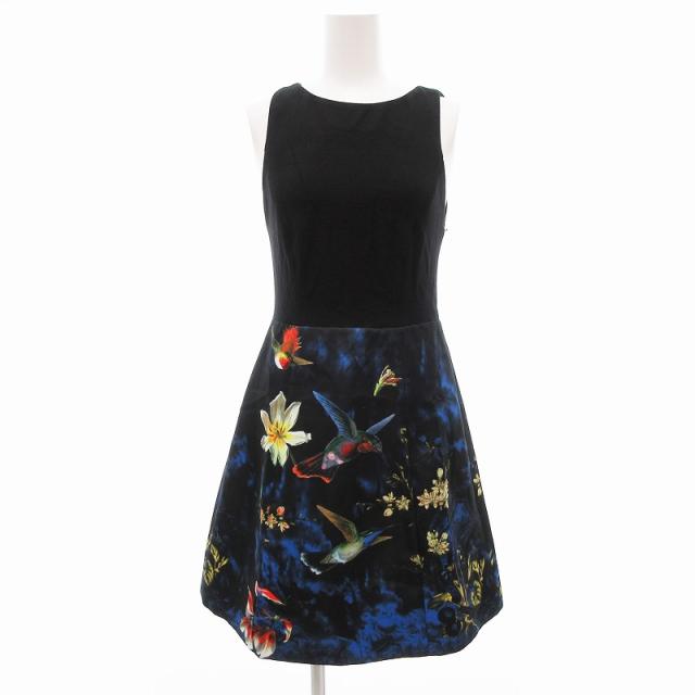 【中古】未使用品 アリスオリビア alice + olivia タグ付き ノースリーブワンピース 鳥プリント 総柄 4 M ブラックの通販は 9,216円