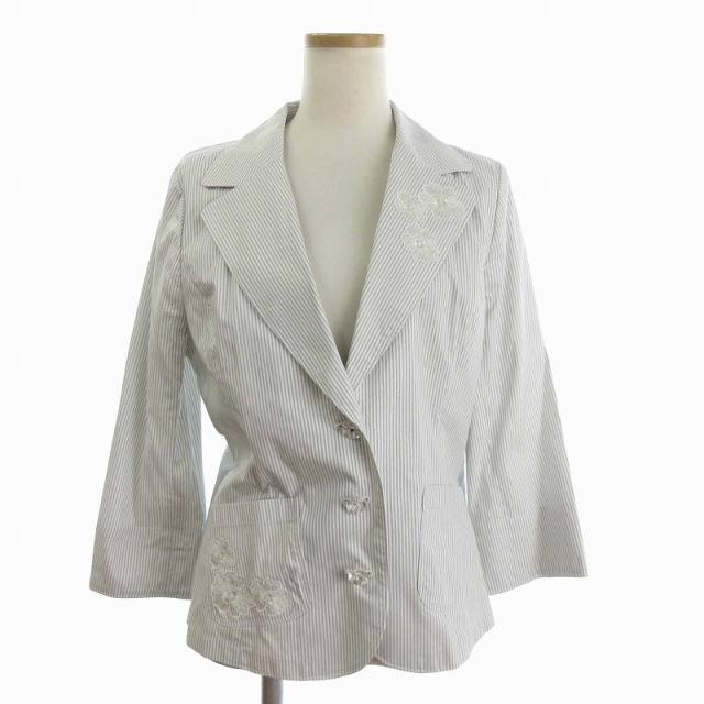 【中古】レリアン Leilian テーラードジャケット 長袖 薄手 刺繍 ストライプ 白 ホワイト 11 L位 レディースの通販は