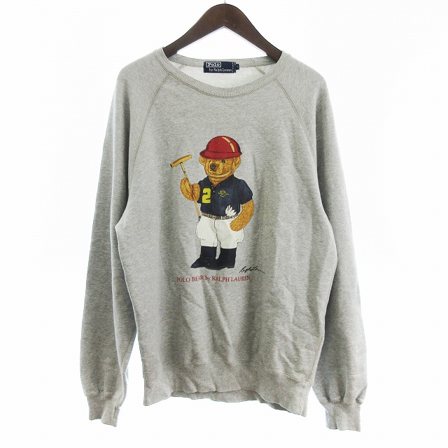 【中古】ポロ バイ ラルフローレン トレーナー スウェット 長袖 裏起毛 プリント ポロベア グレー L メンズ