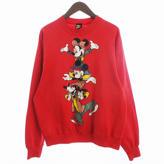 【中古】ミッキーアンリミテッド ディズニー 90S トレーナー スウェット 長袖 プリント 裏起毛 赤 レッド  メンズ