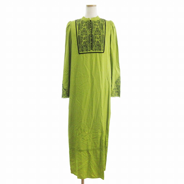 【中古】アメリヴィンテージ エルフィンエンブロイダリーカフタンドレス ワンピース 長袖 ロング丈 刺繍 黄緑  M