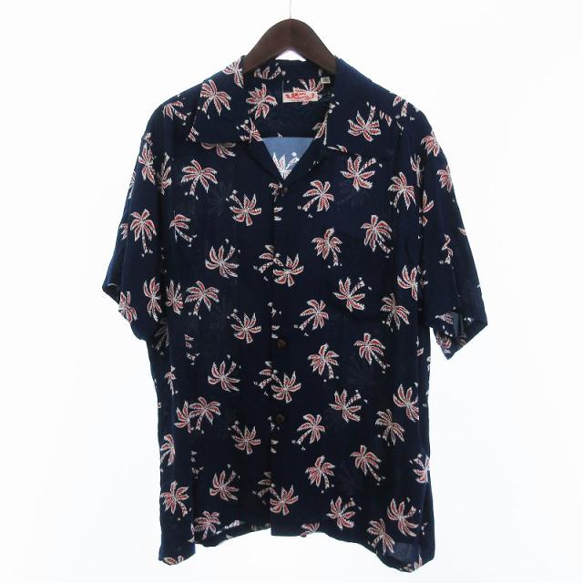 【中古】サンサーフ 東洋 SCATTERED PALMTREE HAWAIIAN SHIRT アロハシャツ 半袖 SS39427 ヤシの木 青 L