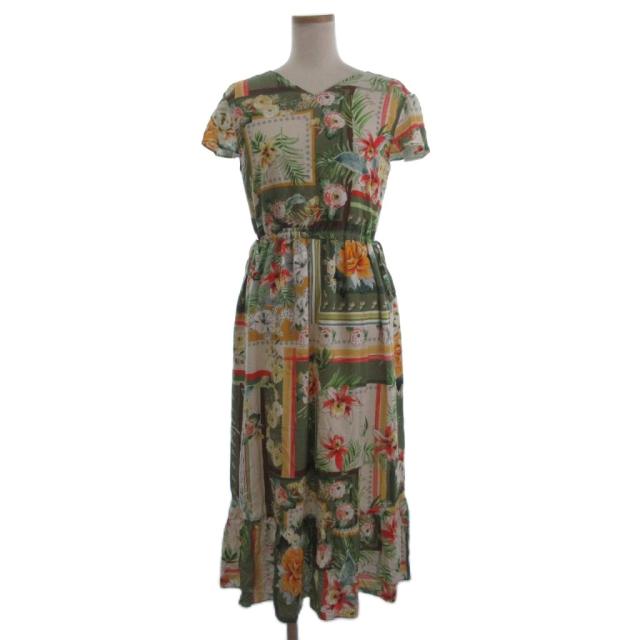 【中古】グレースコンチネンタル 美品 ワンピース ロング Vネック フレンチスリーブ 花柄 マルチカラー 36