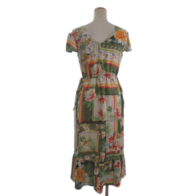 【中古】グレースコンチネンタル 美品 ワンピース ロング Vネック フレンチスリーブ 花柄 マルチカラー 36