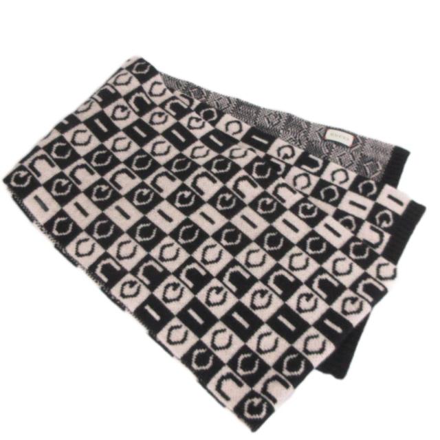 【中古】グッチ GUCCI 美品 マフラー チェッカー ロゴ 総柄 ウール 黒 ブラック 白 ホワイト 小物 メンズ レディース