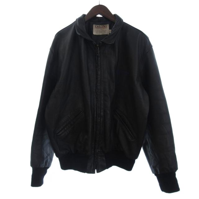 【中古】ヴィンテージ VINTAGE デロング 90s オールレザー ジャケット ライダース ブルゾン フルジップ 刺繍 黒 L
