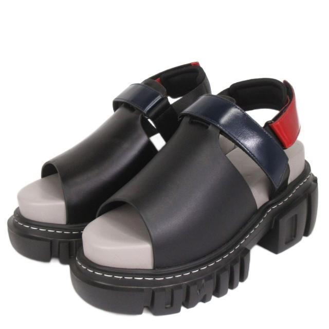 【中古】未使用品 アンスリード UN3D. ボリュームサンダル 厚底 ストラップ レザー 黒 赤 ネイビー  38 レディース