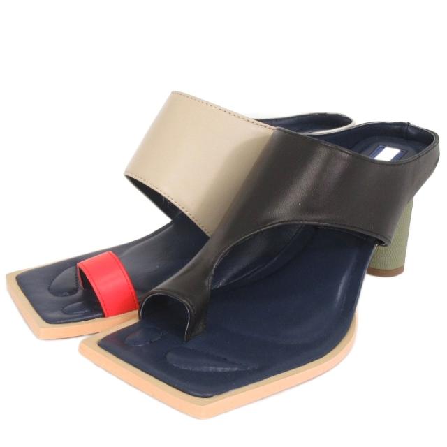 【中古】未使用品 アンスリード UN3D. トング ミュール サンダル バイカラー レザー ベージュ系 赤 黒 38