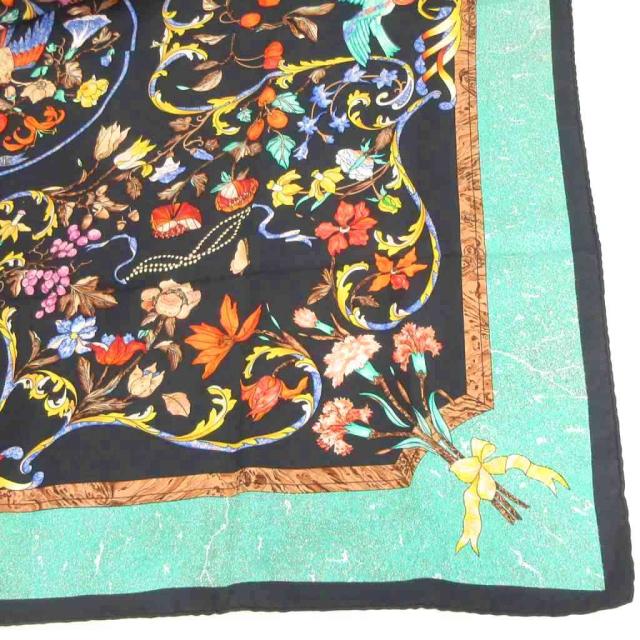 【中古】エルメス HERMES 東洋の石と西洋の石細工 カレ90 大判 スカーフ 花柄 フラワー 紺 ネイビー 小物 ☆AA★