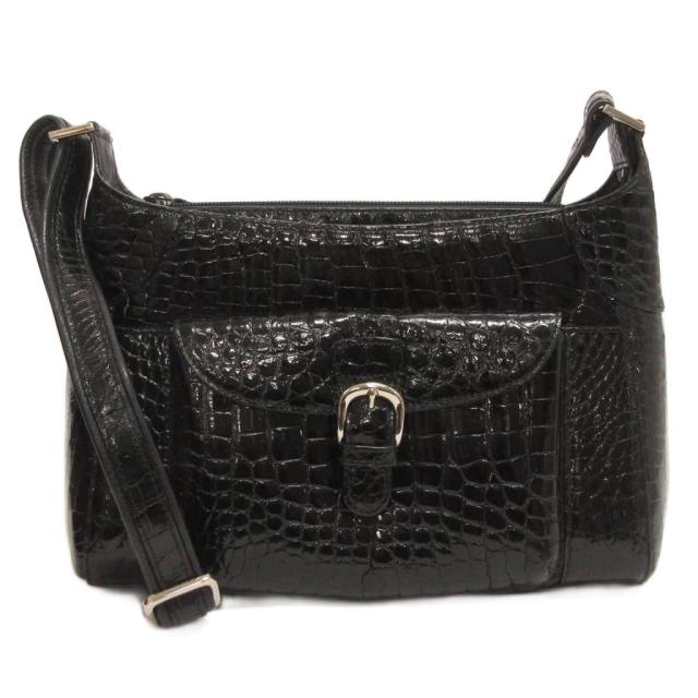 【中古】美品 シャイニングクロコ JRA ショルダーバッグ斜めがけ カードケース付き 黒 ブラック レディース