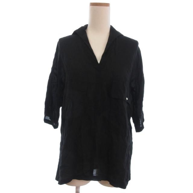 【中古】マリンフランセーズ 別注 CHEVAL plus ブラウス 半袖 開襟 オープンカラー リネン混 黒 ブラック 36