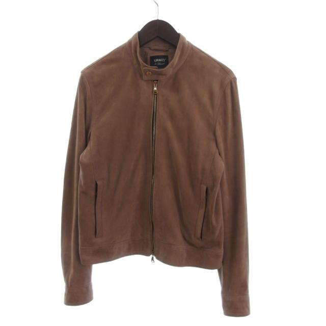 【中古】エンメティ シングル ライダース レザージャケット ブルゾン フルジップ スエード ゴートレザー ベージュ 46