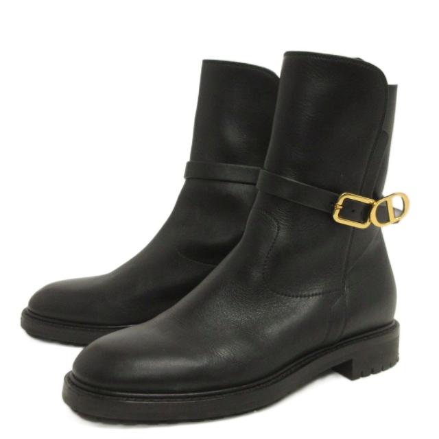 【中古】クリスチャンディオール Christian Dior EMPREINTE CDロゴ ショートブーツ ロゴ 金具 レザー 黒 37 23cm位