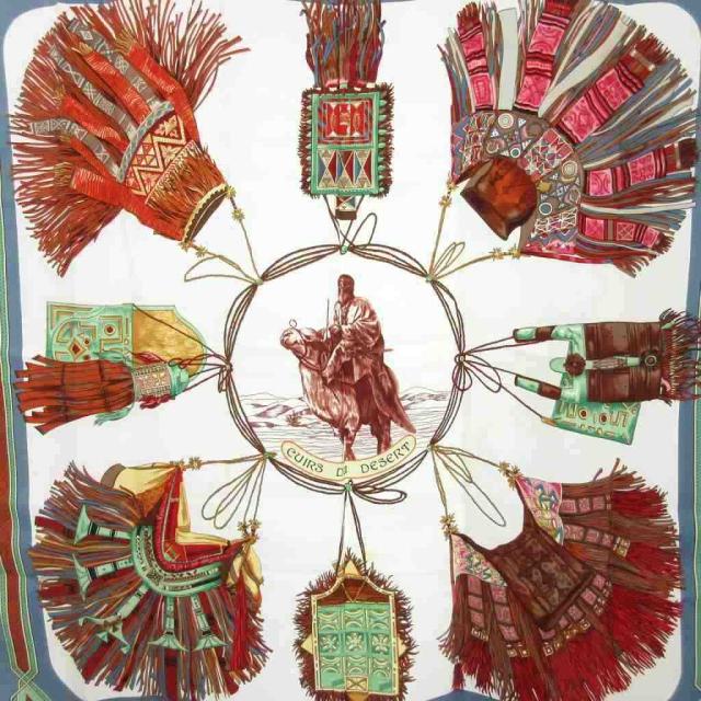 【中古】エルメス カレ90 CUIRS DU DESERT スカーフ チーフ らくだ 大判 シルク マルチカラー ☆AA★ レディース