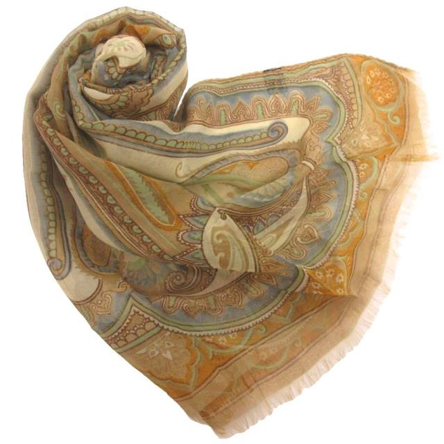 【中古】エトロ ETRO ペイズリー シアー スカーフ ストール フリンジ シルク ベージュ系 レディース