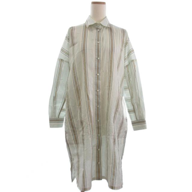 【中古】マックスマーラ シャツ ワンピース ストライプ ミディ丈 長袖 ホワイト ブルー ベージュ系 40 レディース