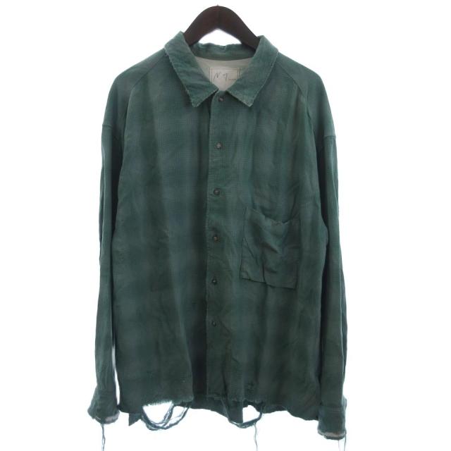 【中古】アンセルム ANCELLM RAYON CHECK SHIRT シャツ 長袖 ダメージ加工 チェック ANC-SH14 緑 グリーン 2 メンズ