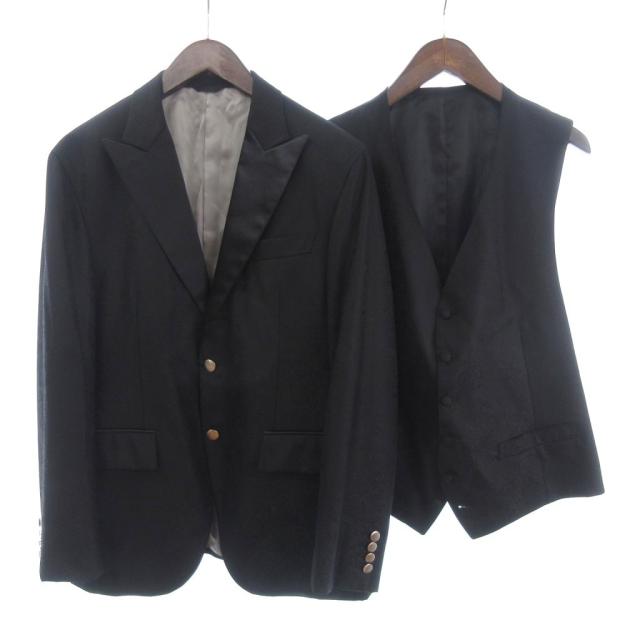 【中古】麻布テーラー 美品 2点 テーラードジャケット ベスト ウール ペイズリー柄 黒 ブラック 052 A 058 A メンズ