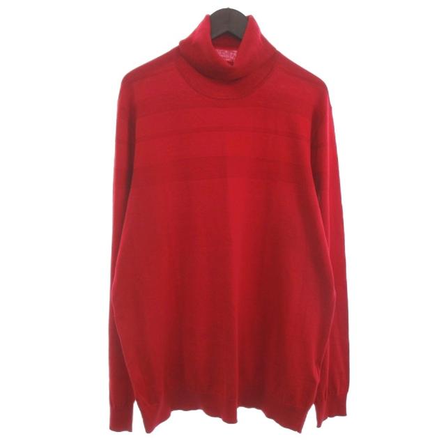 【中古】ヒューゴボス タートルネック ニット セーター ボーダー 長袖 シルク混 カシミヤ混 赤 レッド XXL メンズ
