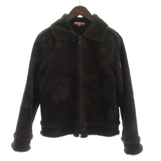 【中古】カステルバジャック ムートン ジャケット ブルゾン フルジップ 裏ボア カモフラ 迷彩 茶 ブラウン 2 メンズ