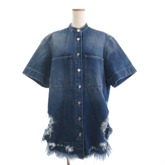 【中古】ステラマッカートニー 美品 デニムジャケット Gジャン ダメージ加工 フリンジ 五分袖 インディゴ 青 40