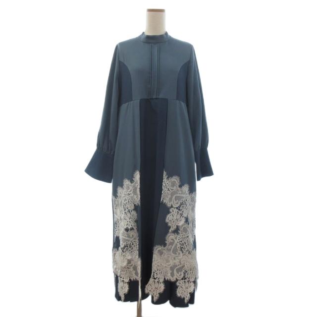 【中古】ハレ Ado ランダムレースハイショクワンピース ロング 長袖 モックネック レース 青 ブルー F ■FF