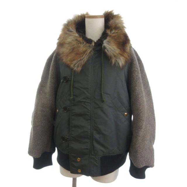 【中古】美品 フミエタナカ N-2B ブルゾン ジャケット ナイロン ボア ファー 切替 緑 カーキ 1 レディース