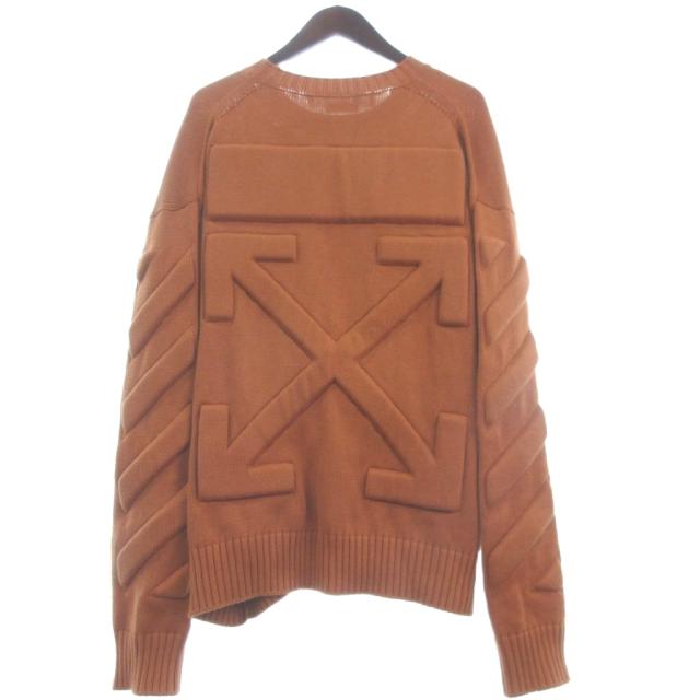【中古】オフホワイト アロー クルーネック ロングスリーブ ジャンパー ニット セーター エンボスロゴ オレンジ系