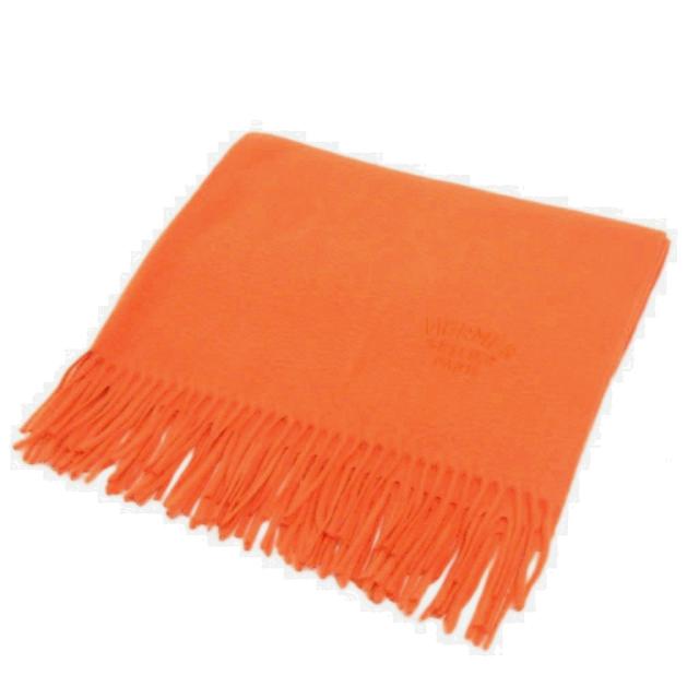 【中古】エルメス HERMES SELLIER PARIS マフラー ストール フリンジ 大判 カシミヤ オレンジ ☆AA★ レディース