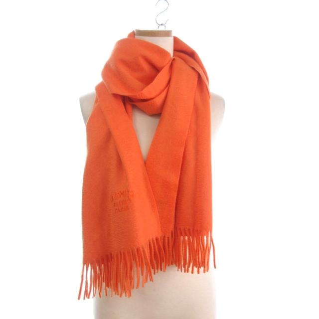 【中古】エルメス HERMES SELLIER PARIS マフラー ストール フリンジ 大判 カシミヤ オレンジ ☆AA★ レディース_1