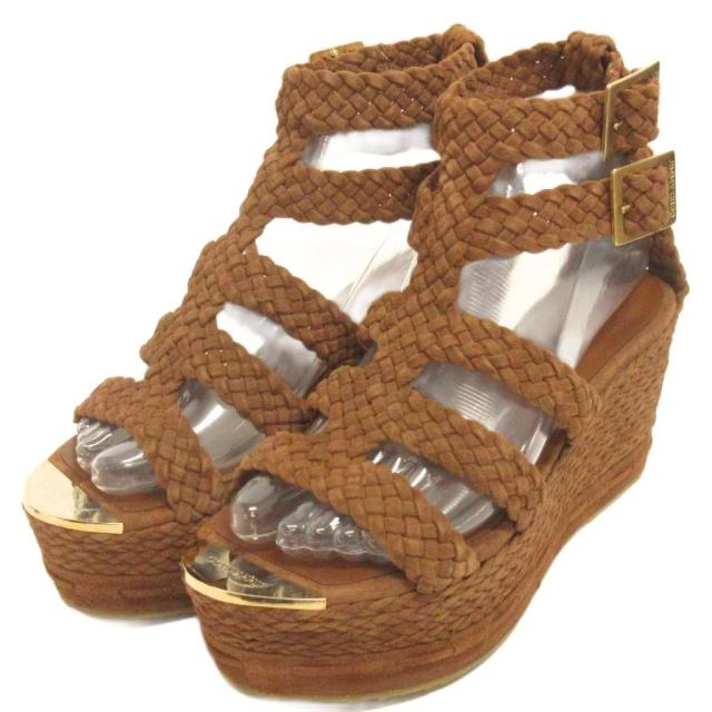 【中古】ジミーチュウ JIMMY CHOO 美品 サンダル ストラップ スエード 編込み オープントゥ 茶 ブラウン 37