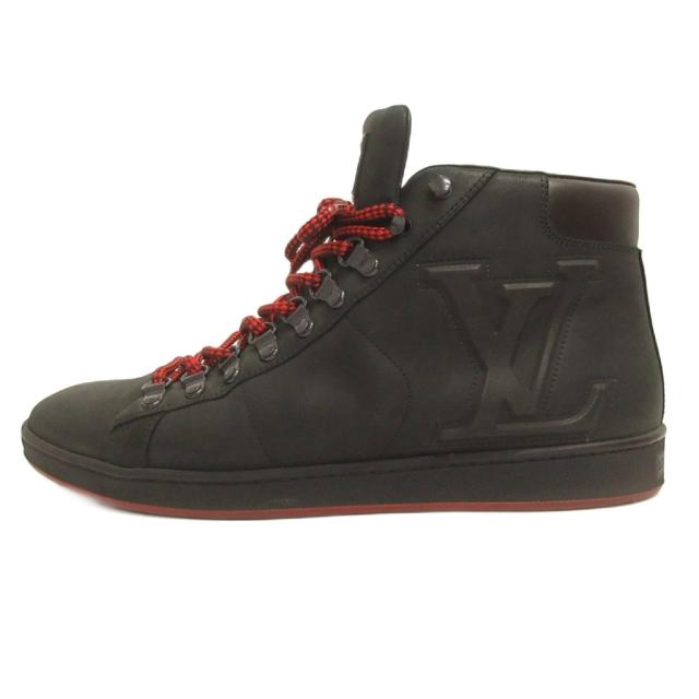 【中古】ルイヴィトン LOUIS VUITTON スニーカー ハイカット MS0143 LVロゴ レザー 8 黒 ブラック ★AA☆ メンズ