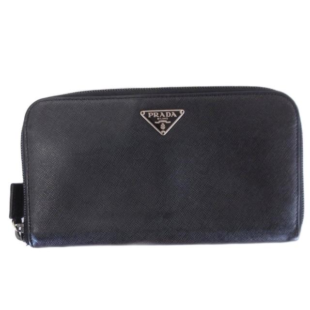 【中古】プラダ PRADA サフィアーノ ラウンドファスナー 長財布 三角プレート 黒 ブラック ウォレット ☆AA★
