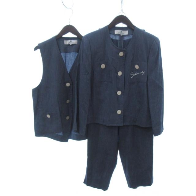 【中古】ジバンシィ GLAMOUR ヴィンテージ 3ピース セットアップ ノーカラージャケット ベスト ジレ パンツ 紺 13 15
