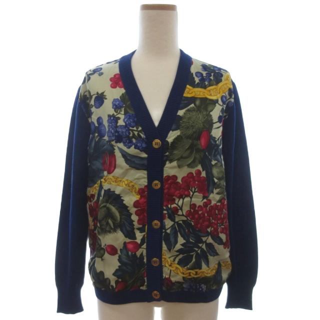 【中古】セリーヌ CELINE シルク カーディガン ニット 長袖 Vネック プリント 金ボタン 総柄 青 ブルー 38 ☆AA★