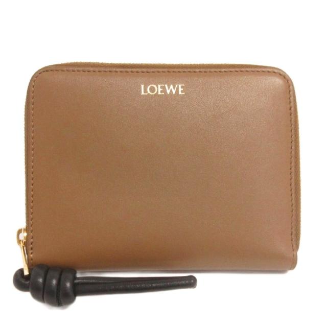 【中古】ロエベ LOEWE 美品 ノットレザー コンパクトウォレット 財布 ラウンドジップ ロゴ 茶 ブラウン レディース