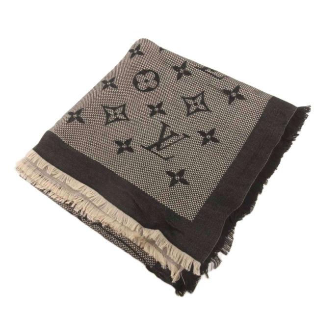 【中古】ルイヴィトン LOUIS VUITTON 美品 モノグラム ネオナット ショール M73677 LVロゴ スクエア 大判 黒