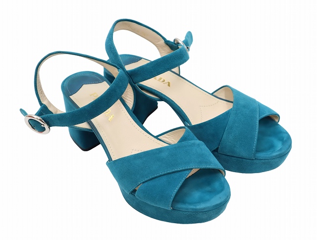 【中古】23.0cm PRADA プラダ Velvet ベルベット プラットフォーム ヒール サンダル パンプス Green グリーン /◆