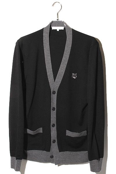 【中古】MAISON KITSUNE メゾンキツネ フォックス ロゴ刺繍 Vネック ロングカーディガン L Grey グレー