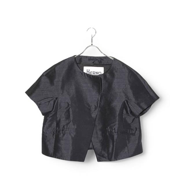 【中古】HERNO ヘルノ ノーカラー シャンタン 半袖 ジャケット 46 NAVY ネイビー GA0116D /◆☆ レディース
