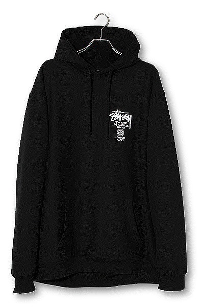 【中古】STUSSY ステューシー World Tour pullover Hoodie ワールドツアー プルオーバー パーカー XL BLACK ブラック_1