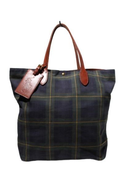 【中古】RALPH LAUREN ラルフローレン キャンバスxレザー チェック トートバッグ GREEN グリーン /◆