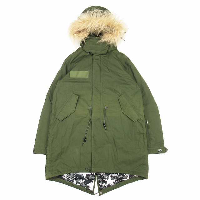 【中古】15AW ソフネット モッズ コート ジャケット フェイクファー ボア スター 総柄裏地 フード ロング M カーキ｜au PAY マーケット