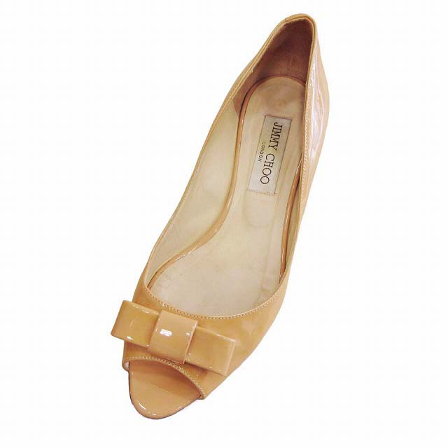 【中古】ジミーチュウ JIMMY CHOO リボン エナメル パテント レザー パンプス オープントゥ ローヒール BLM8の通販は 4,750円