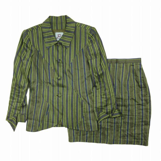 【中古】美品 ジャスト ロシャス ヴィンテージ リネン ストライプ セットアップ ジャケット スカート 膝丈 40 ♪8 の通販は 7,221円