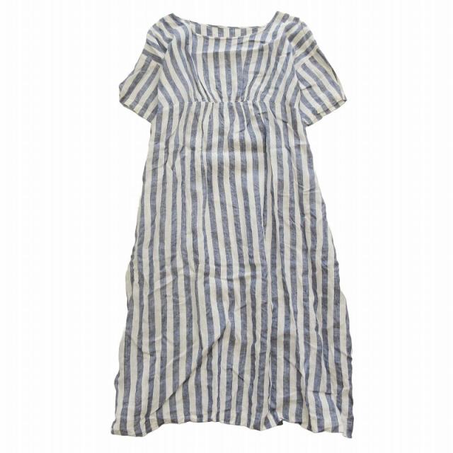 【中古】ネストローブ nest Robe オーバーサイズ リネン ストライプ ワンピース 半袖 ロング ミモレ丈 ボートネックの通販は 12,540円