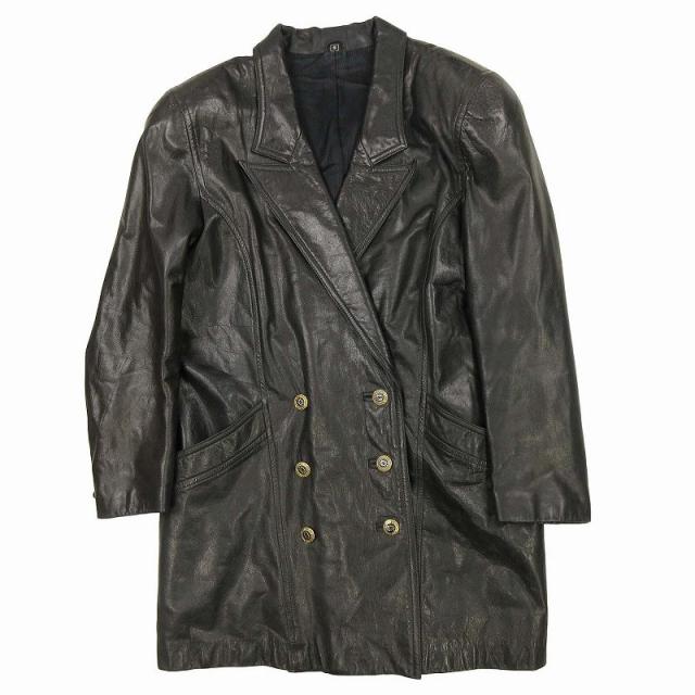 【中古】金ボタン カウレザー ダブル ジャケット ブレザー ブルゾン アウター コート 牛革 サイズ9の通販は 4,692円