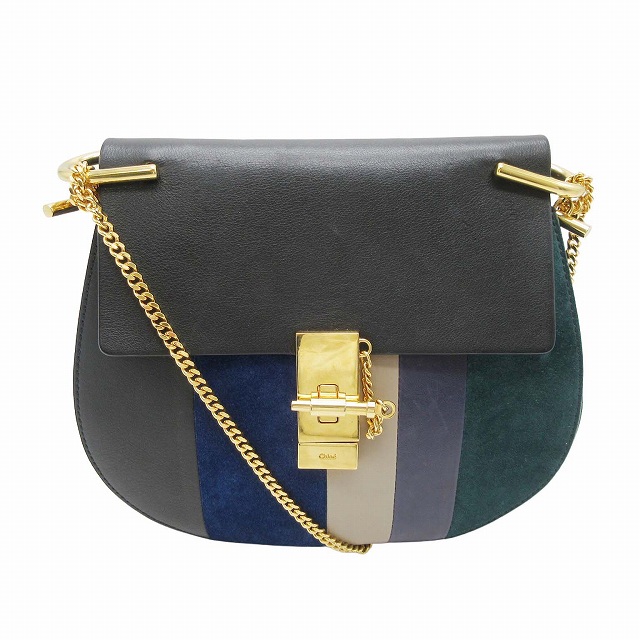 【中古】クロエ CHLOE DREW ドリュー チェーン ショルダー バッグ スエード レザー 切替 ストライプ フラップの通販は