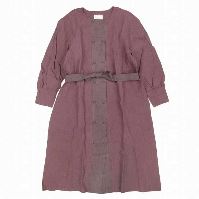 【中古】美品 マガリ MAGALI リネン100％ ストライプ タック ワンピース ノーカラー リボン 七分袖 膝丈 ミモレ丈 紫の通販は 14,700円
